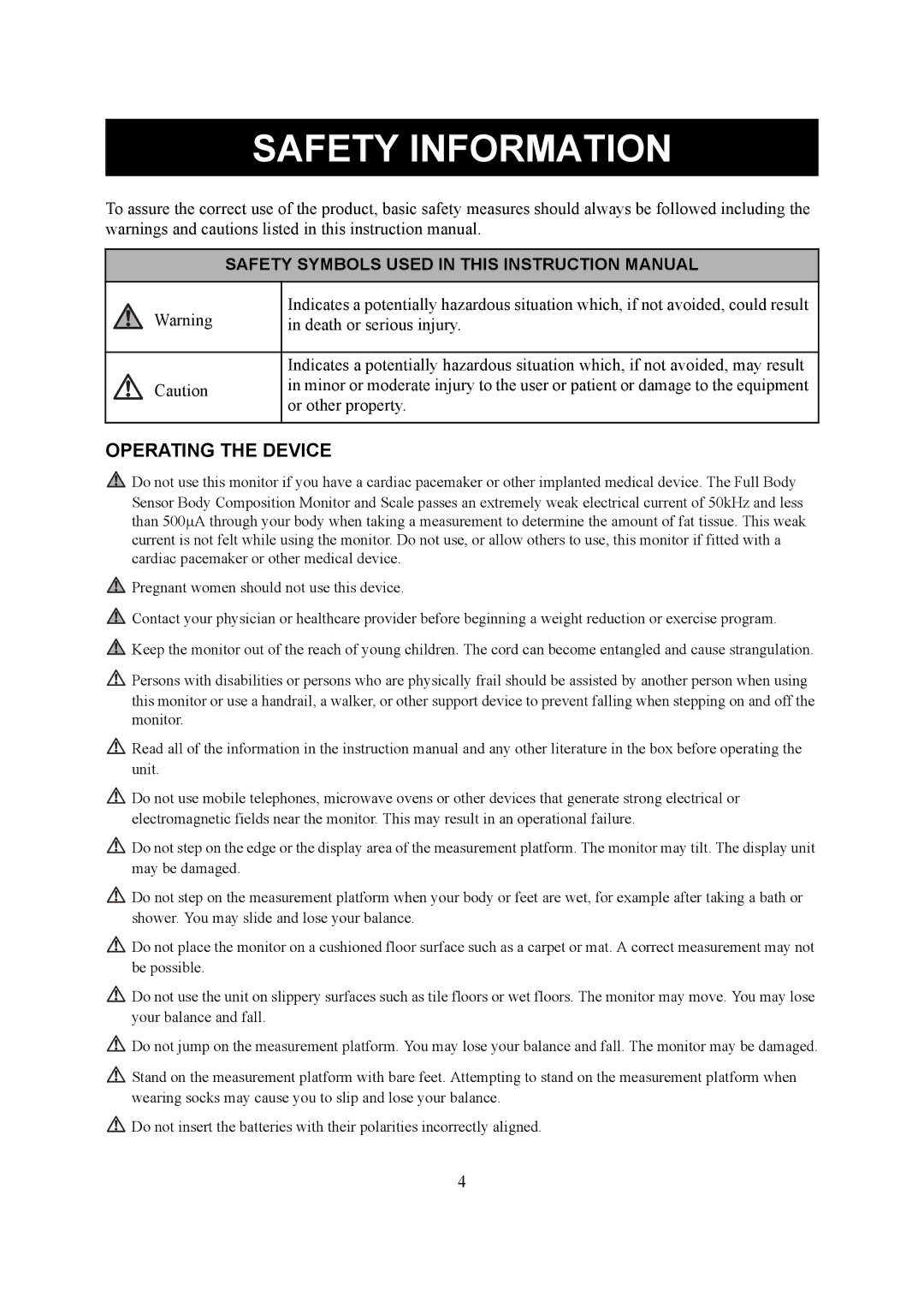 Omron Healthcare HBF-510 instruction manual Safety Information, Operating the Device 