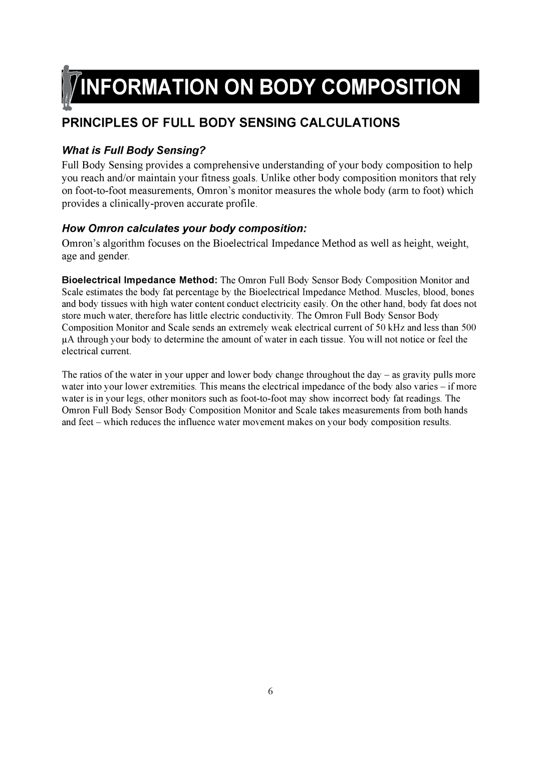 Omron Healthcare HBF-510 instruction manual Information on Body Composition, Principles of Full Body Sensing Calculations 