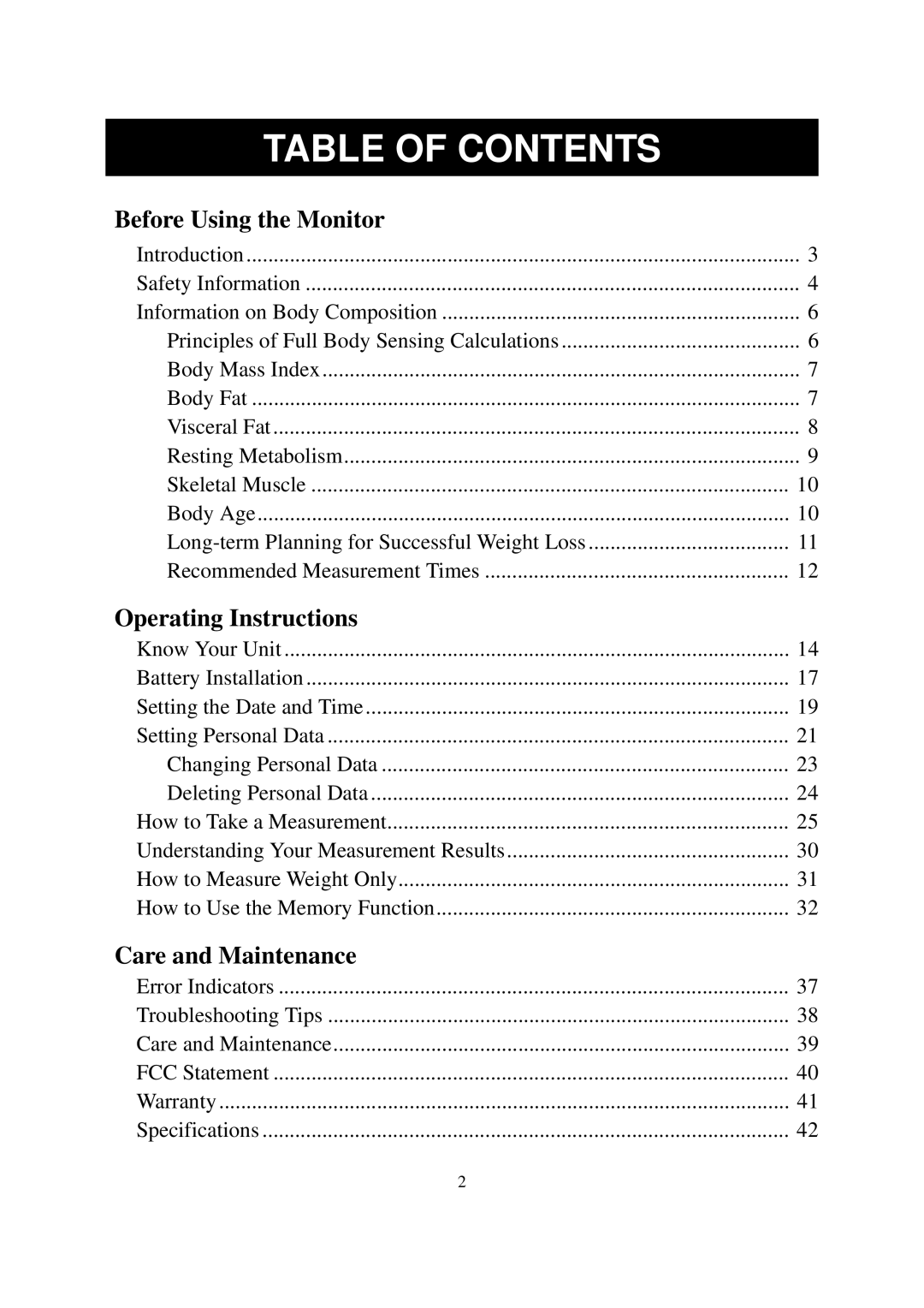 Omron Healthcare HBF-514 instruction manual Table of Contents 