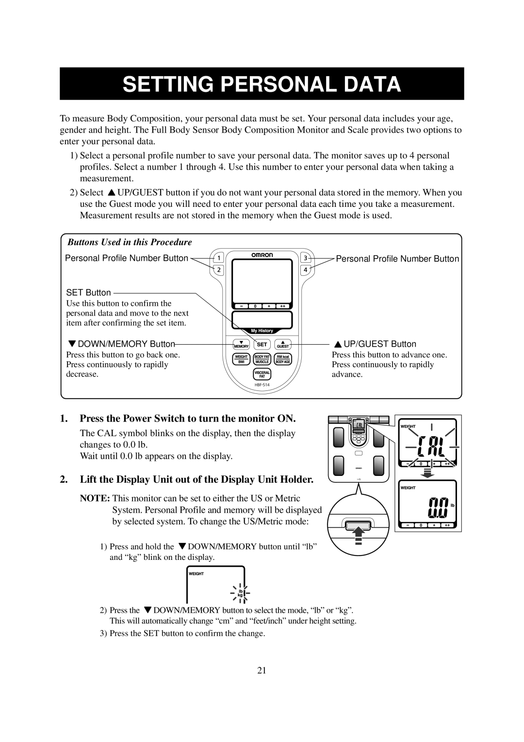 Omron Healthcare HBF-514 instruction manual Setting Personal Data, Lift the Display Unit out of the Display Unit Holder 