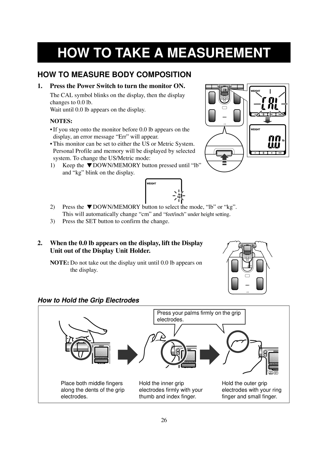 Omron Healthcare HBF-514 instruction manual HOW to Measure Body Composition, How to Hold the Grip Electrodes 