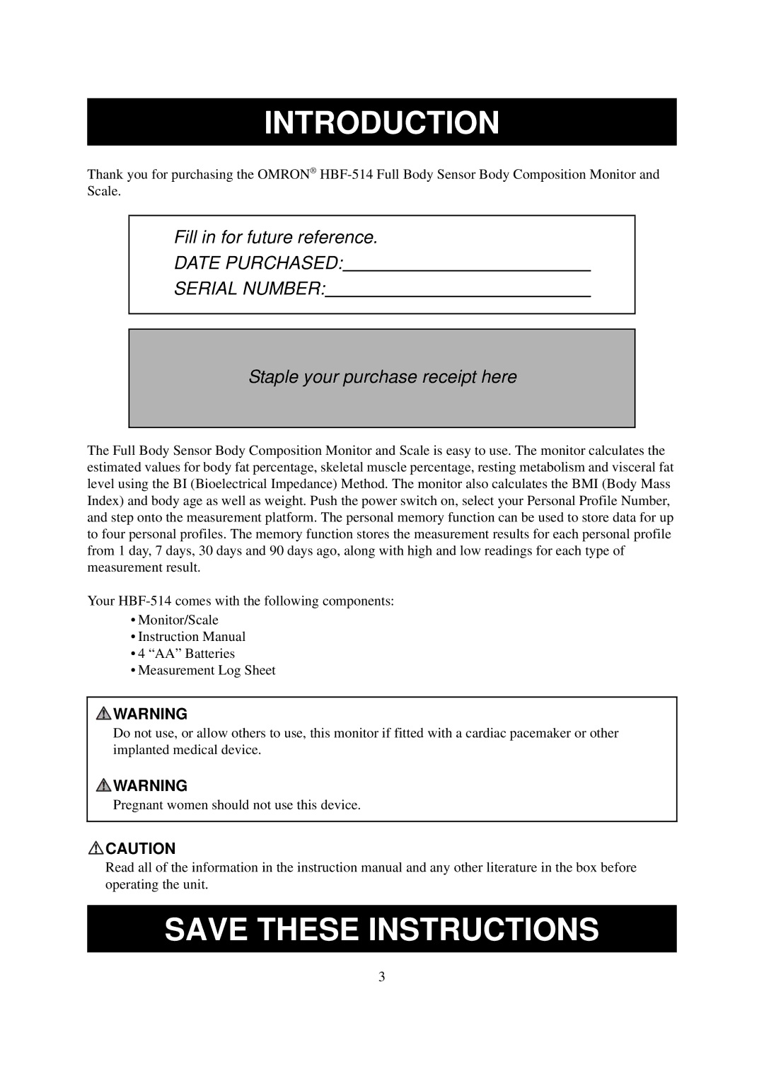 Omron Healthcare HBF-514 instruction manual Introduction, Date Purchased Serial Number 