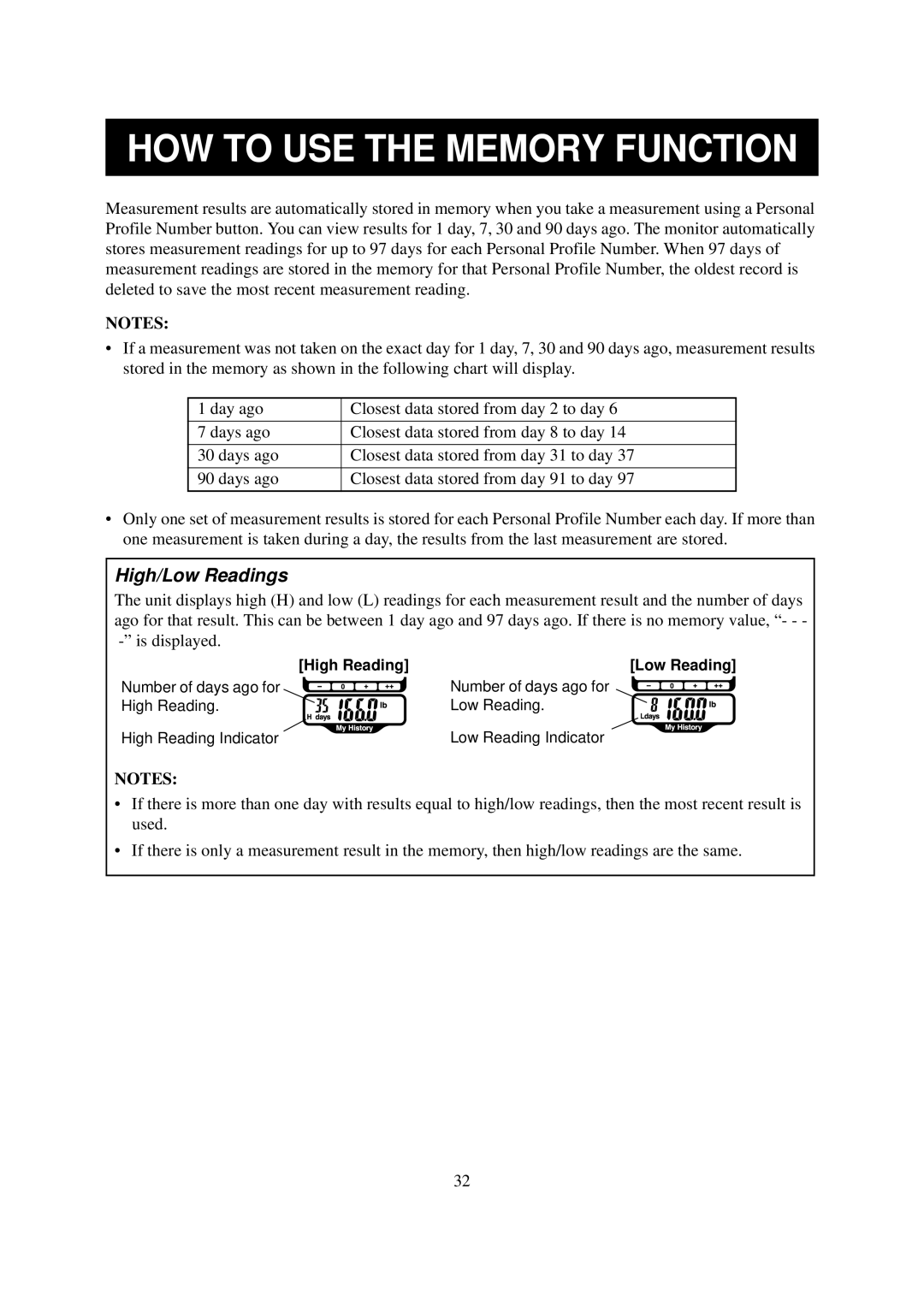 Omron Healthcare HBF-514 instruction manual HOW to USE the Memory Function, High/Low Readings 