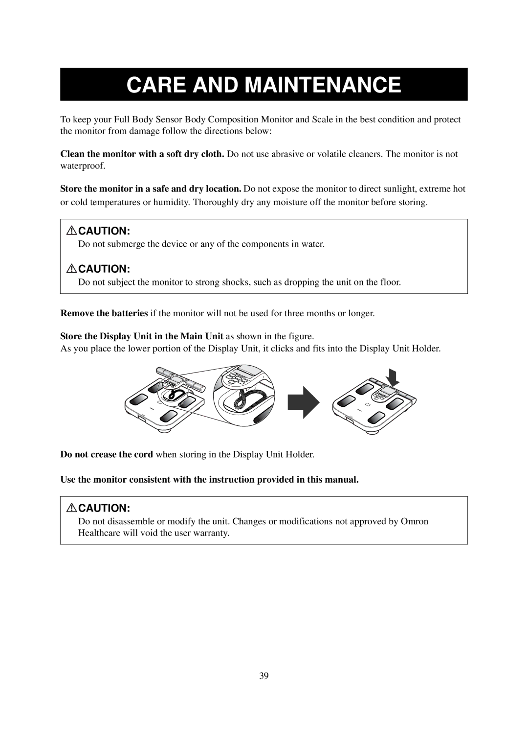 Omron Healthcare HBF-514 instruction manual Care and Maintenance 