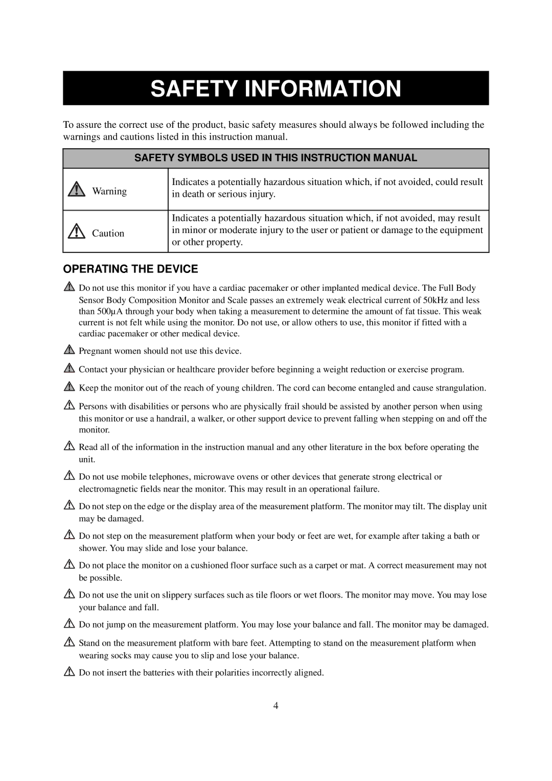 Omron Healthcare HBF-514 instruction manual Safety Information, Operating the Device 