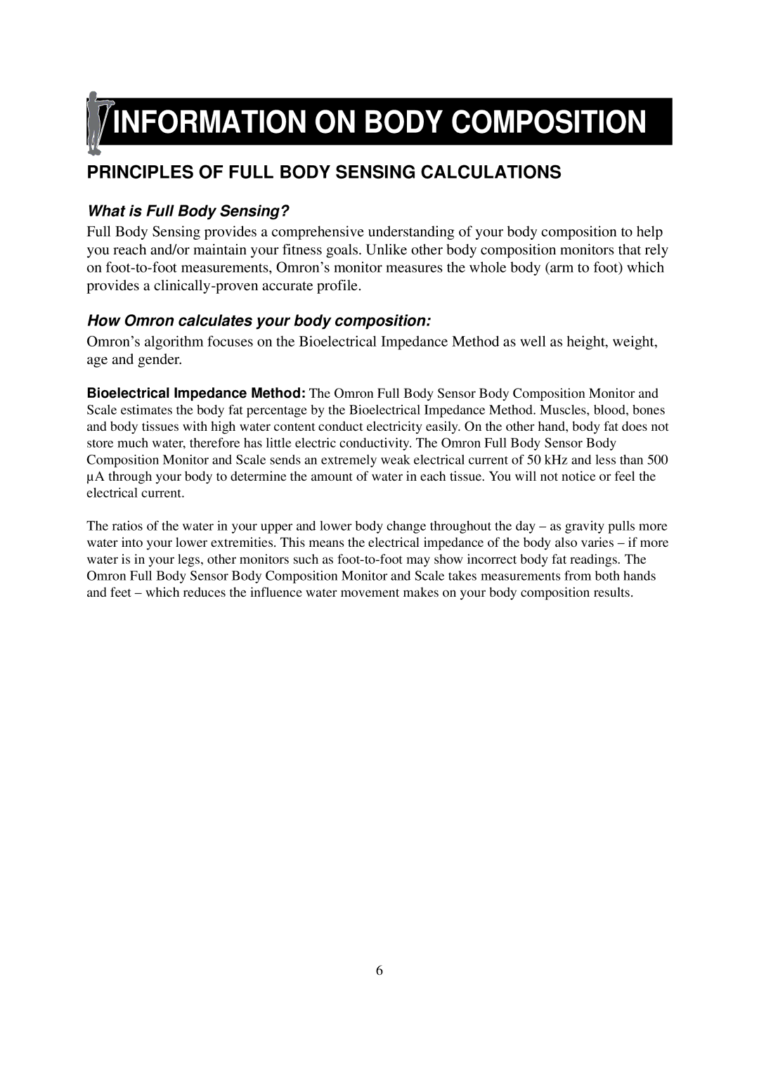 Omron Healthcare HBF-514 instruction manual Information on Body Composition, Principles of Full Body Sensing Calculations 