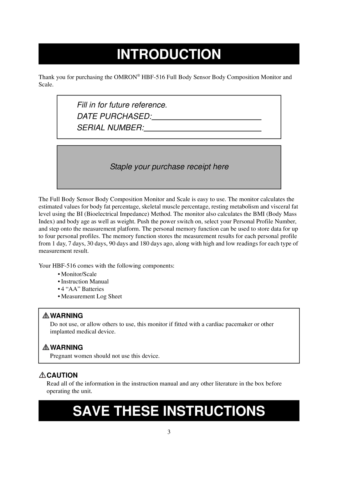 Omron Healthcare HBF-516 instruction manual Introduction, Date Purchased Serial Number 