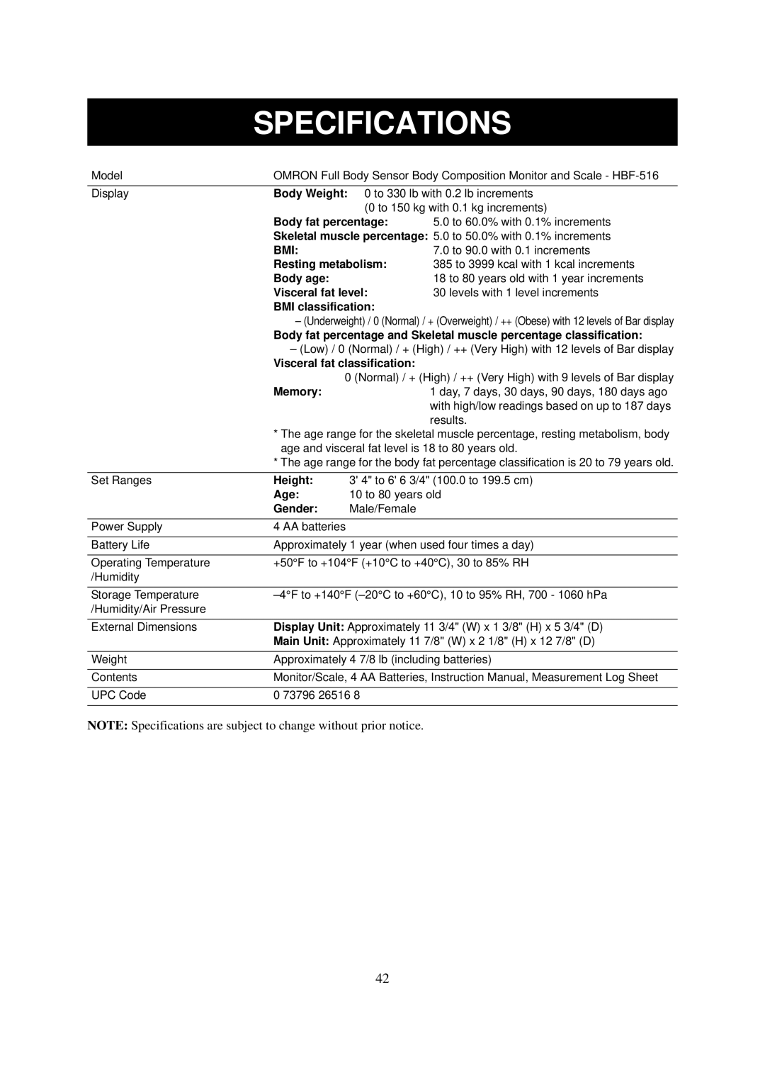 Omron Healthcare HBF-516 instruction manual Specifications, Bmi 