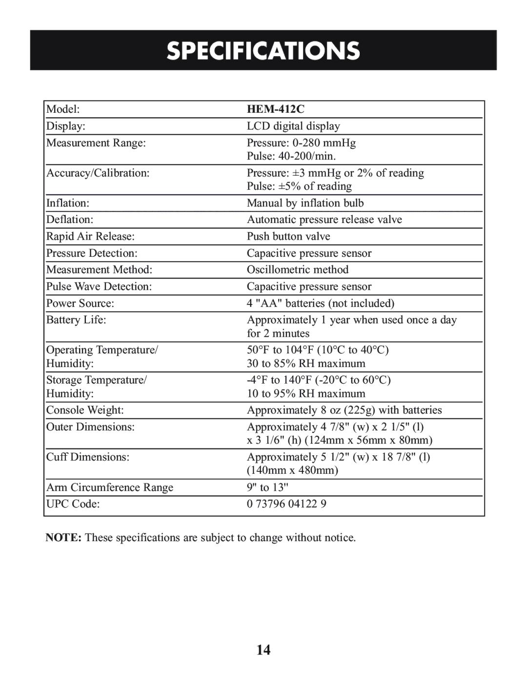 Omron Healthcare HEM-412C manual Specifications 