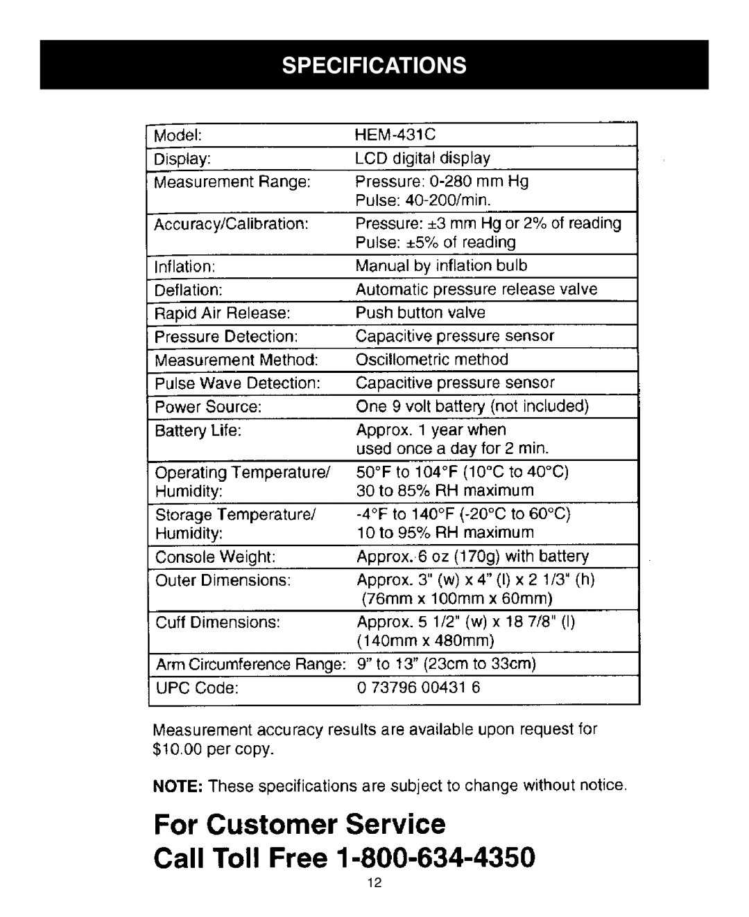 Omron Healthcare HEM-431C instruction manual Specifications 