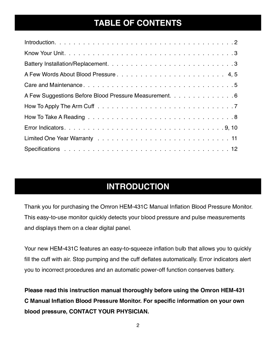 Omron Healthcare HEM-431C instruction manual Table of Contents, Introduction 