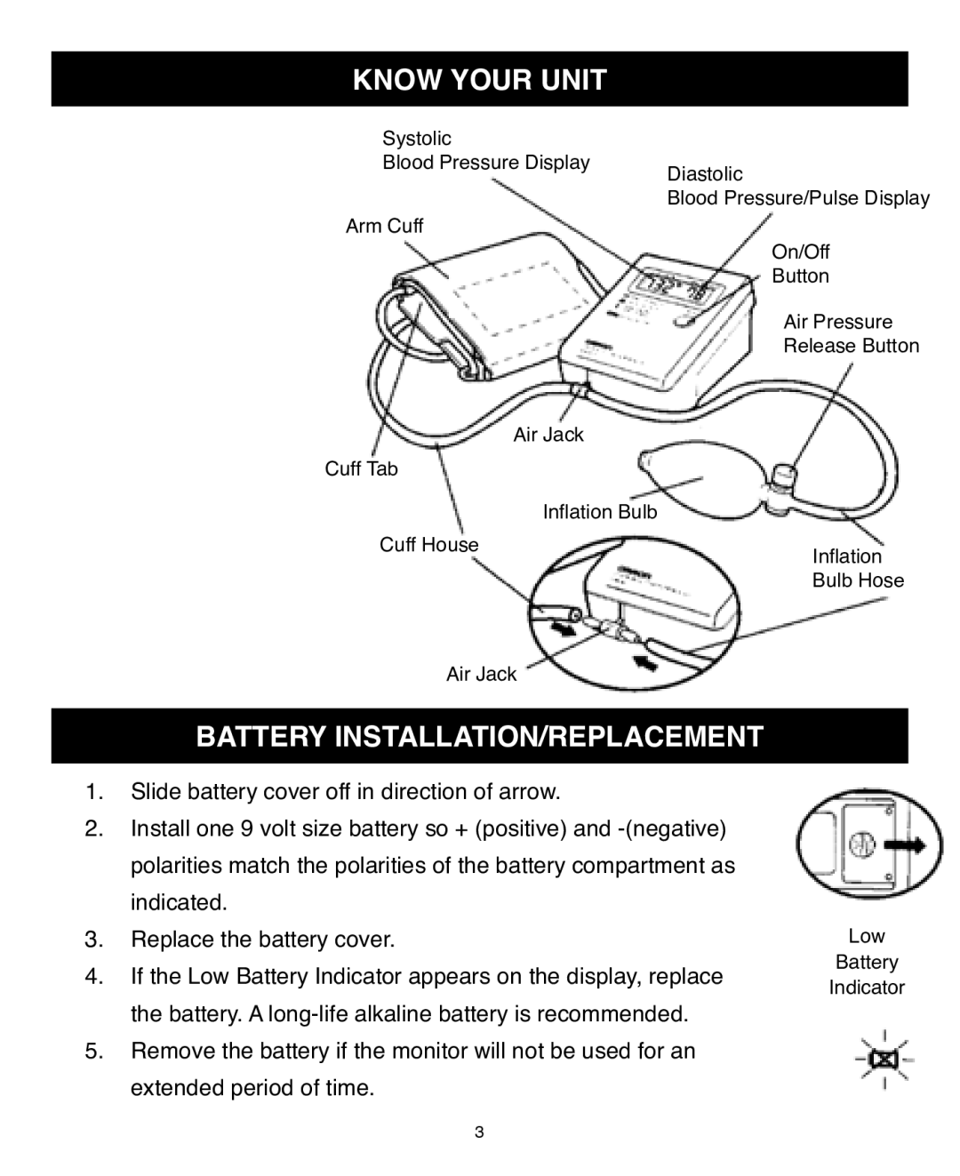 Omron Healthcare HEM-431C instruction manual Know Your Unit, Battery INSTALLATION/REPLACEMENT 