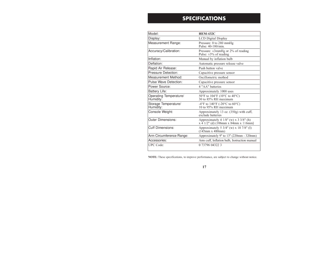 Omron Healthcare HEM-432C manual Specifications 