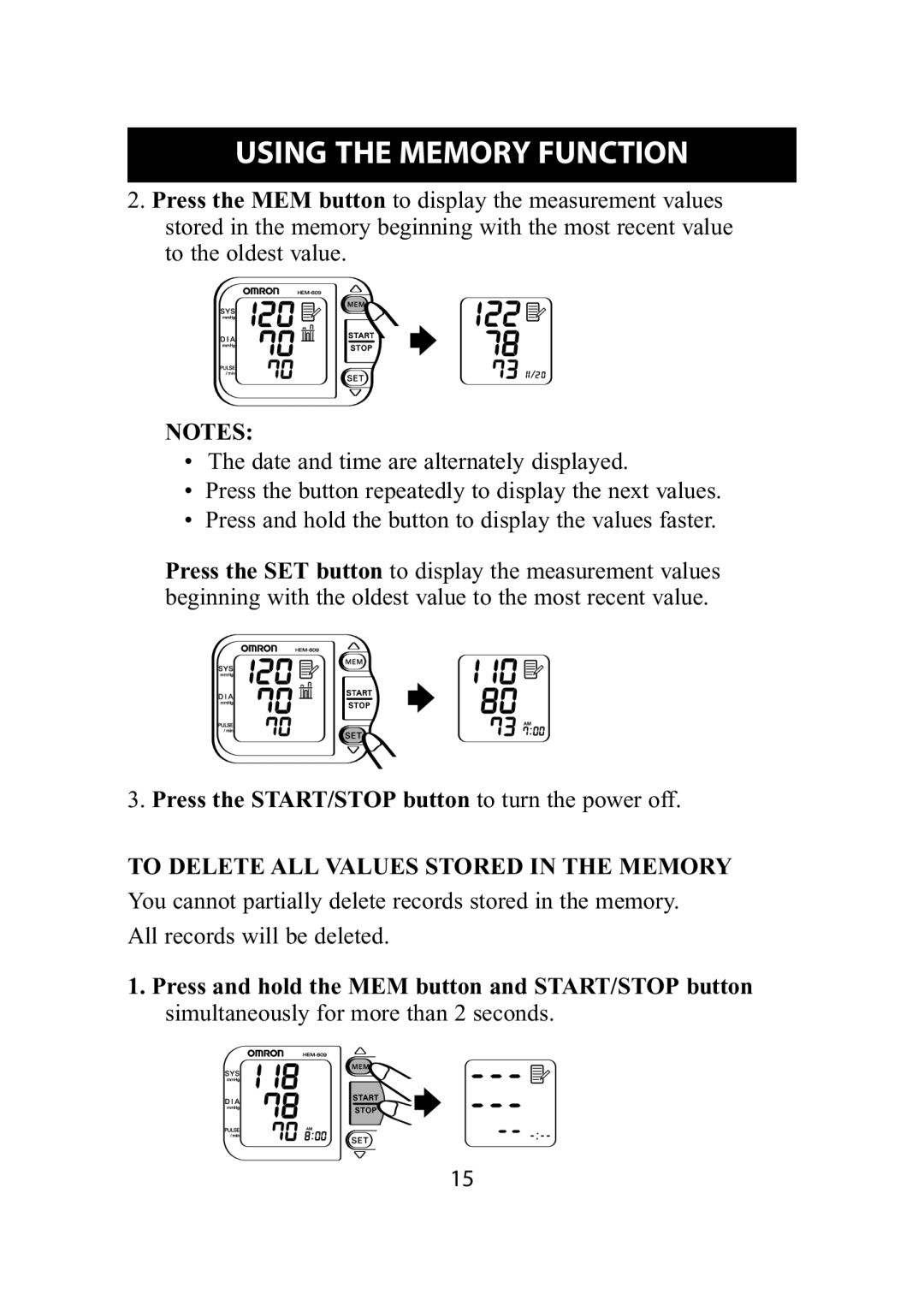 Omron Healthcare HEM-609 instruction manual To Delete ALL Values Stored in the Memory 