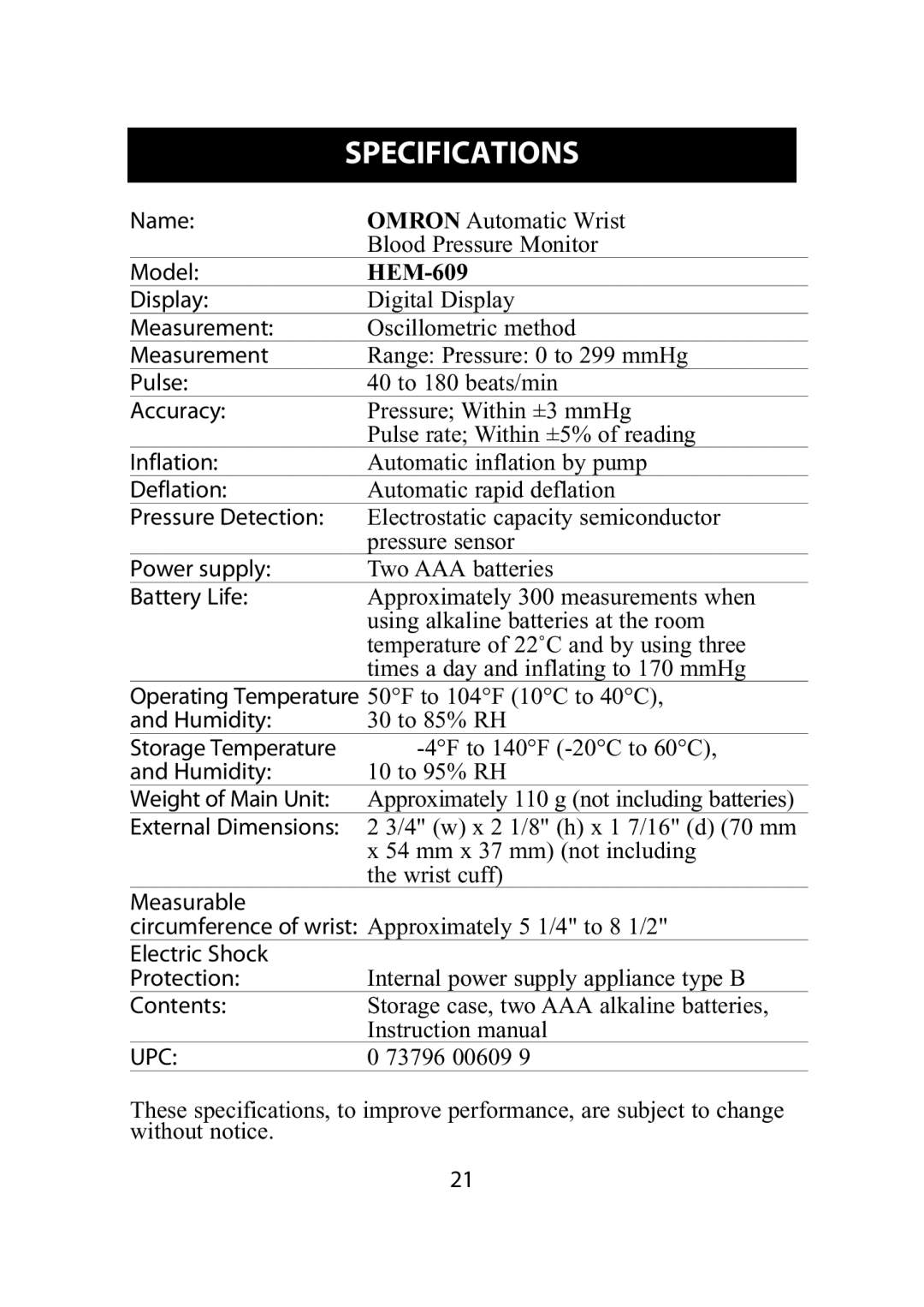 Omron Healthcare HEM-609 instruction manual Specifications 