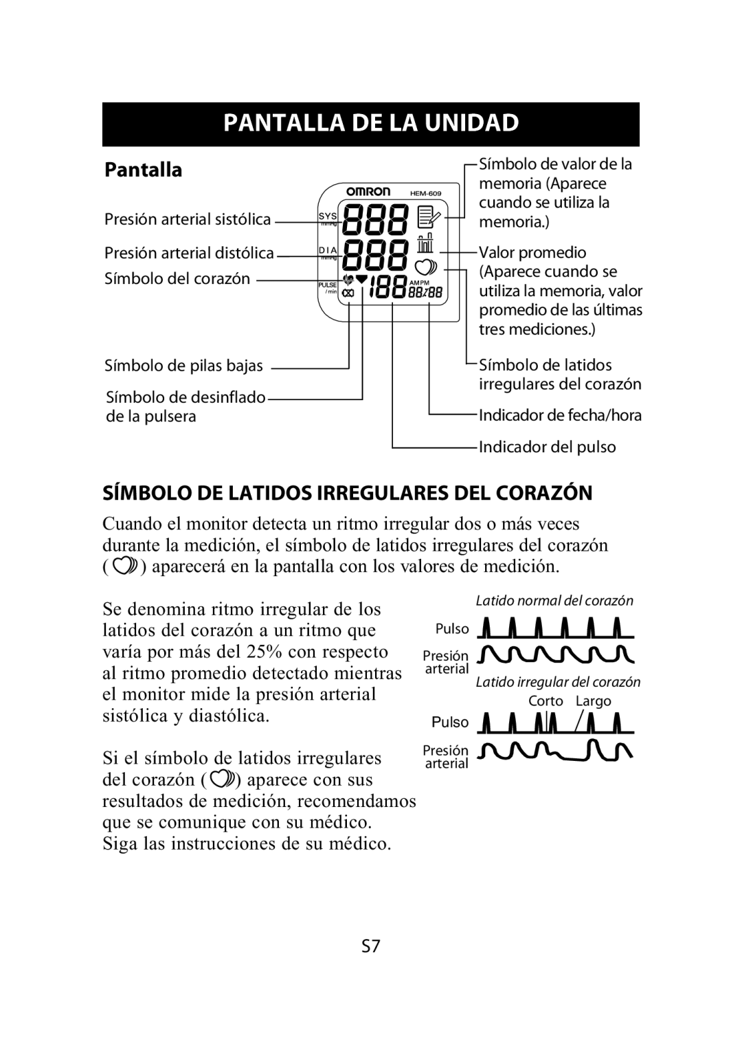 Omron Healthcare HEM-609 instruction manual Pantalla DE LA Unidad, Símbolo DE Latidos Irregulares DEL Corazón 