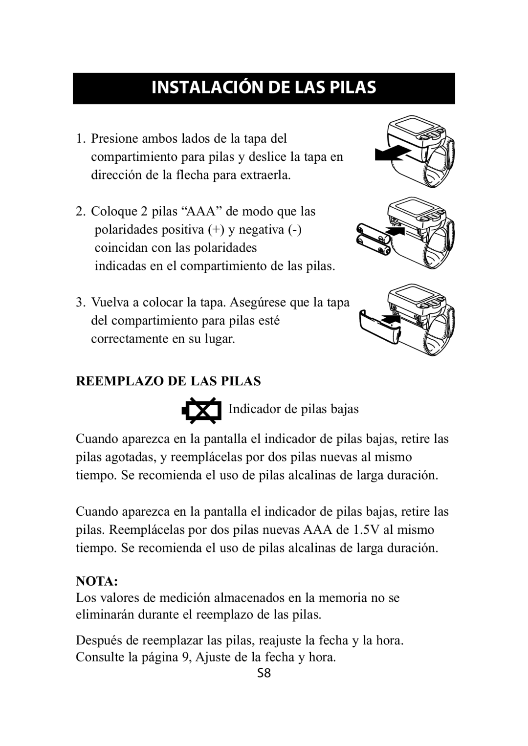 Omron Healthcare HEM-609 instruction manual Instalación DE LAS Pilas, Reemplazo DE LAS Pilas, Nota 