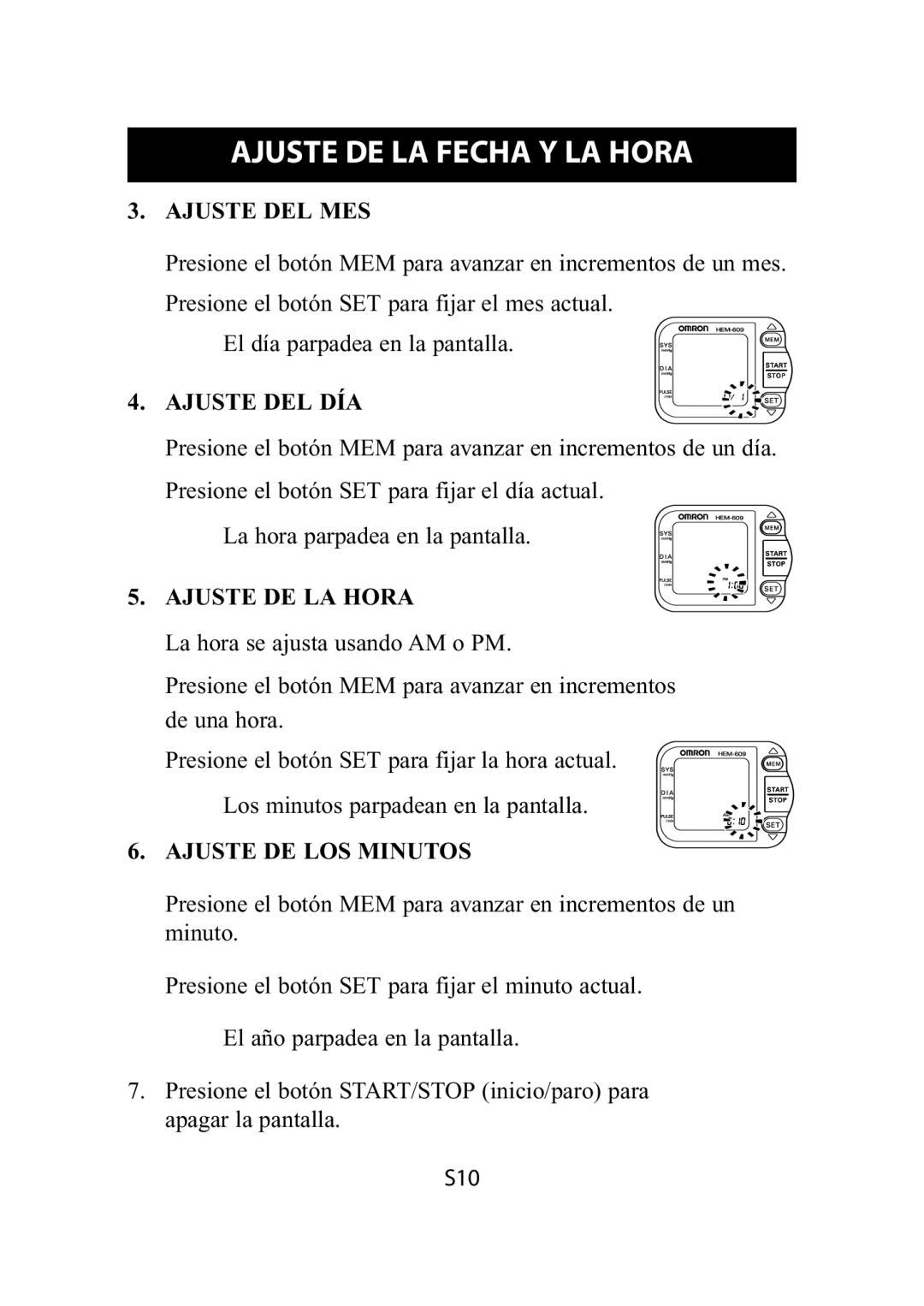 Omron Healthcare HEM-609 instruction manual Ajuste DEL MES, Ajuste DE LA Hora, Ajuste DE LOS Minutos 