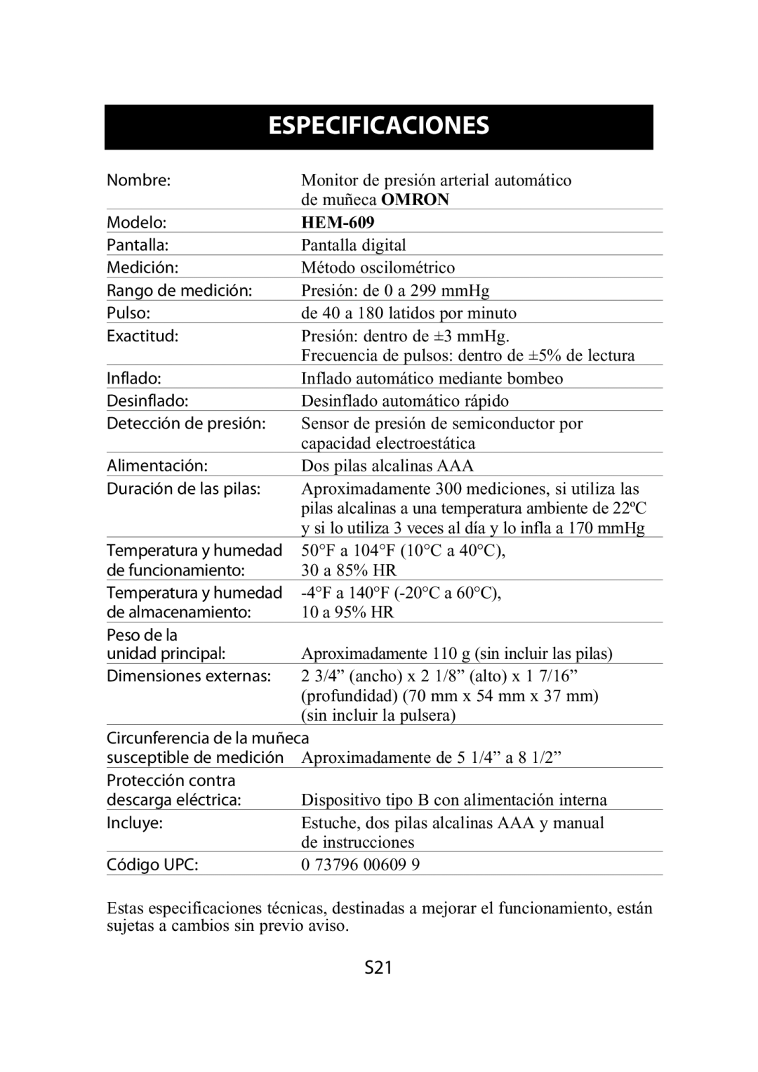 Omron Healthcare HEM-609 instruction manual Especificaciones 