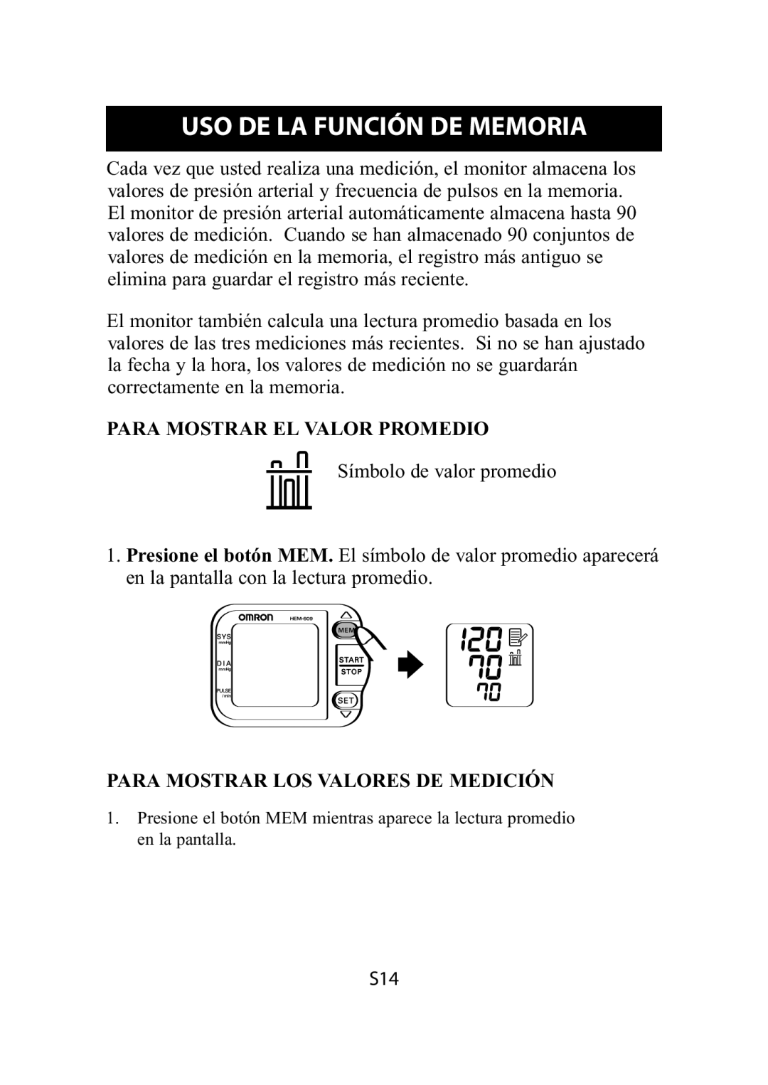 Omron Healthcare HEM-609 instruction manual Uso De La Función De Memoria, Para Mostrar El Valor Promedio 