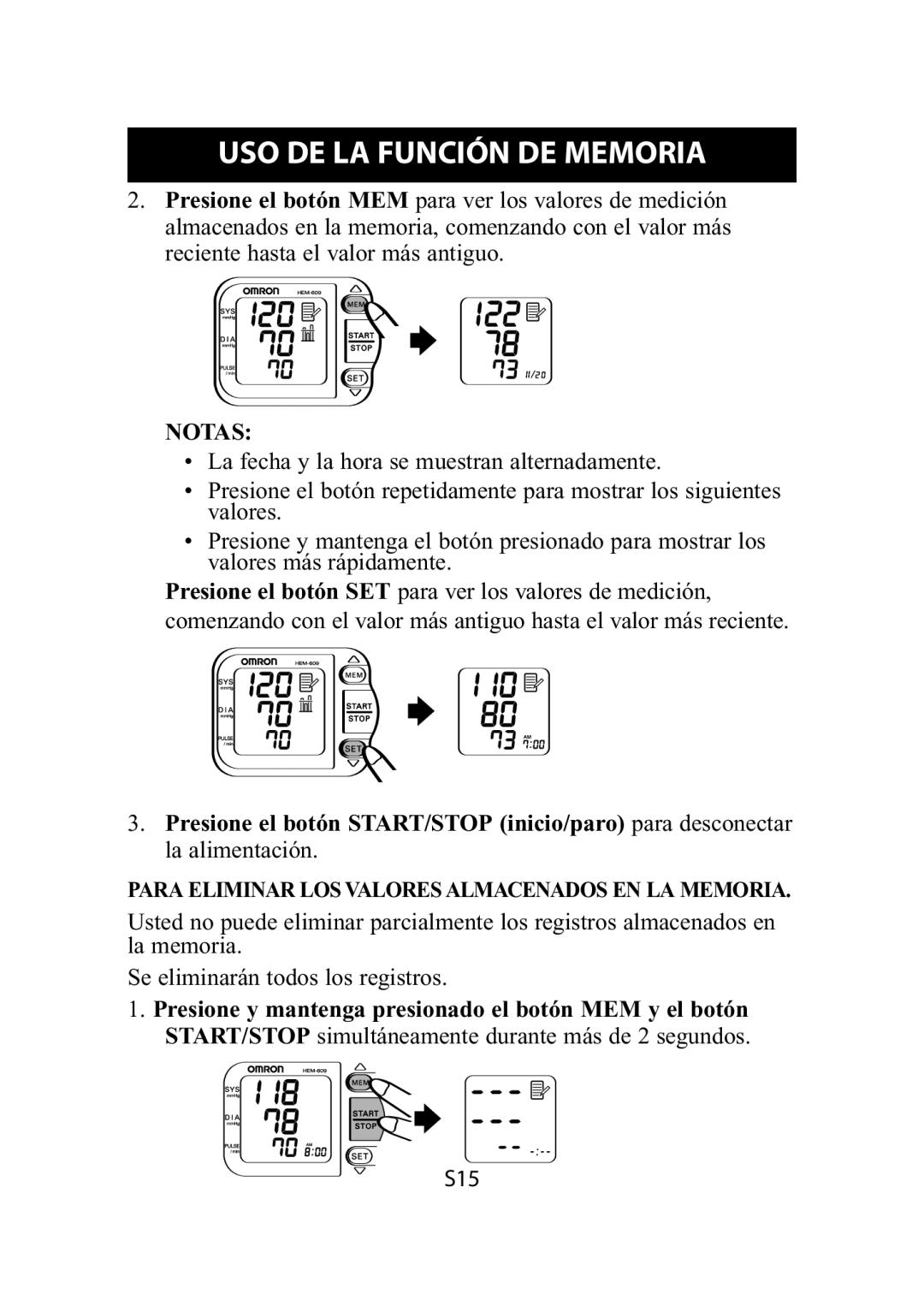 Omron Healthcare HEM-609 instruction manual Uso De La Función De Memoria, Notas 