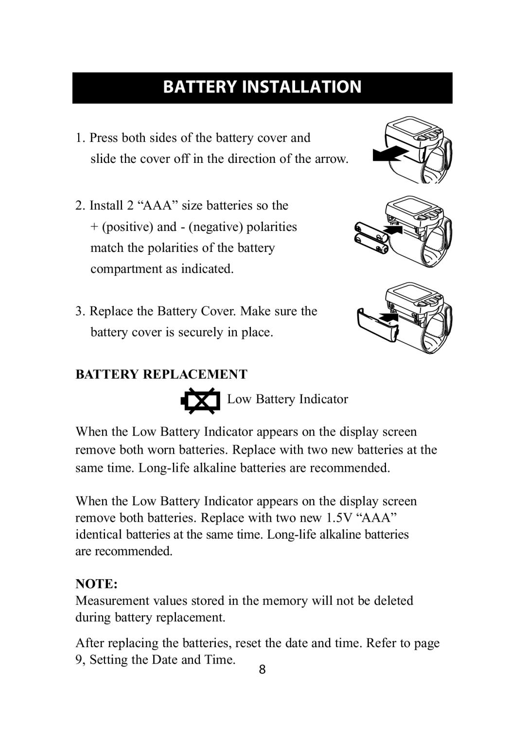 Omron Healthcare HEM-609 instruction manual Battery Installation, Battery Replacement 