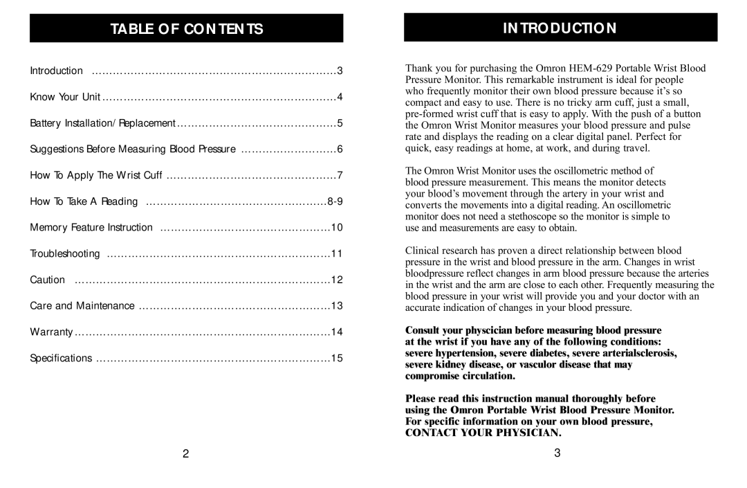 Omron Healthcare HEM-629 manual Table of Contents, Introduction 