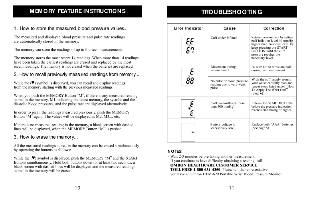 Omron Healthcare HEM-629 manual Troubleshooting, Memory Feature Instructions 