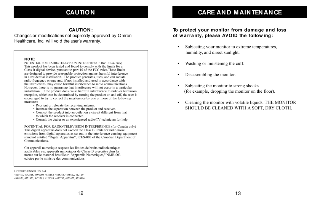 Omron Healthcare HEM-629 manual Care and Maintenance, Licensed Under U.S. PAT 