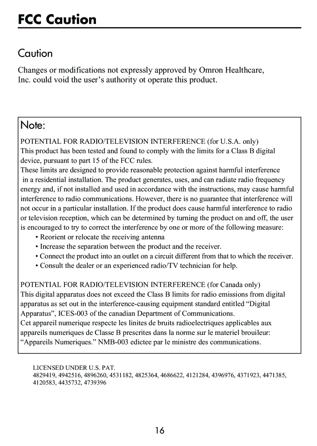 Omron Healthcare HEM-630 manual FCC Caution, Licensed Under U.S. PAT 