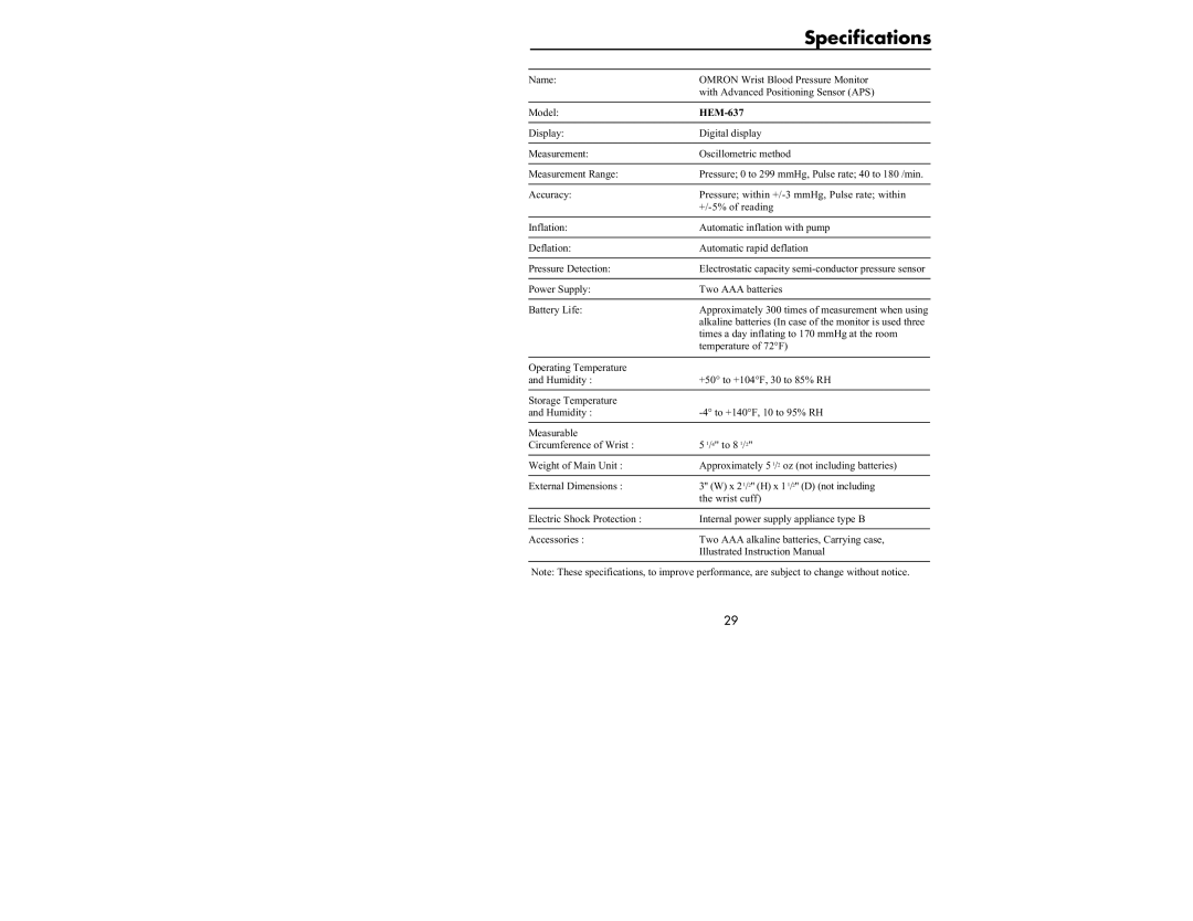 Omron Healthcare HEM-637 manual Specifications 