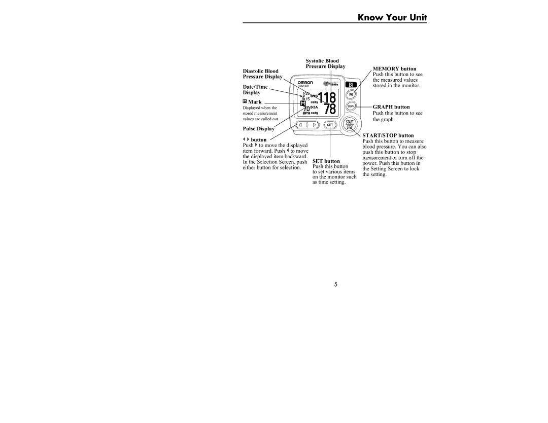 Omron Healthcare HEM-637 manual Date/Time Display Mark, Systolic Blood Pressure Display, Graph button, Pulse Display Button 
