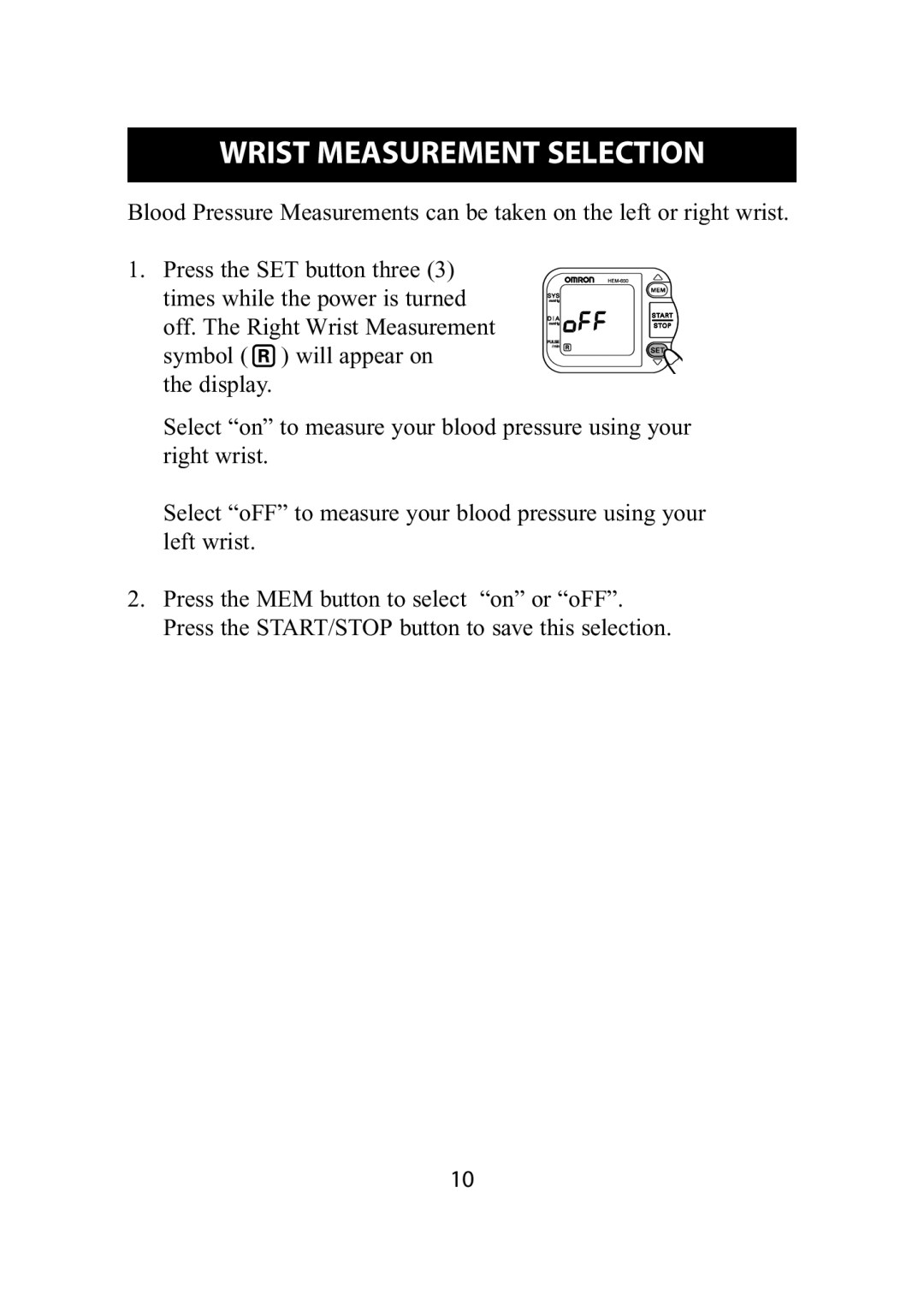 Omron Healthcare HEM-650 instruction manual Wrist Measurement Selection 