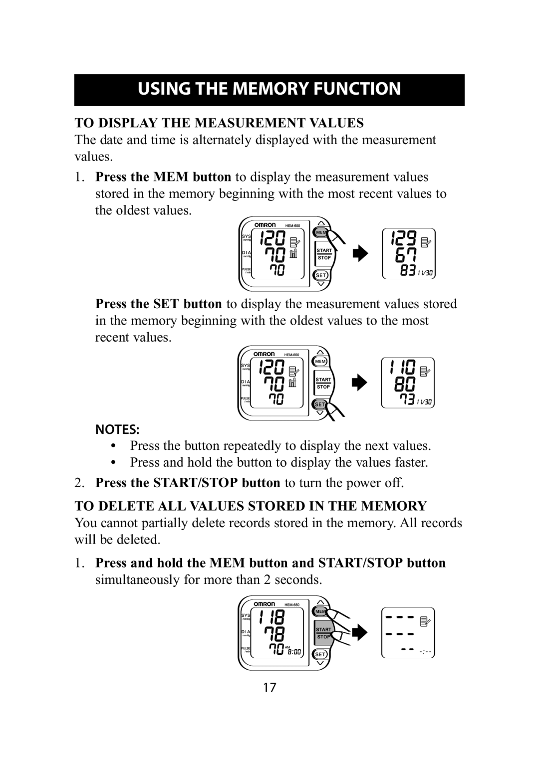 Omron Healthcare HEM-650 instruction manual To Display the Measurement Values, To Delete ALL Values Stored in the Memory 