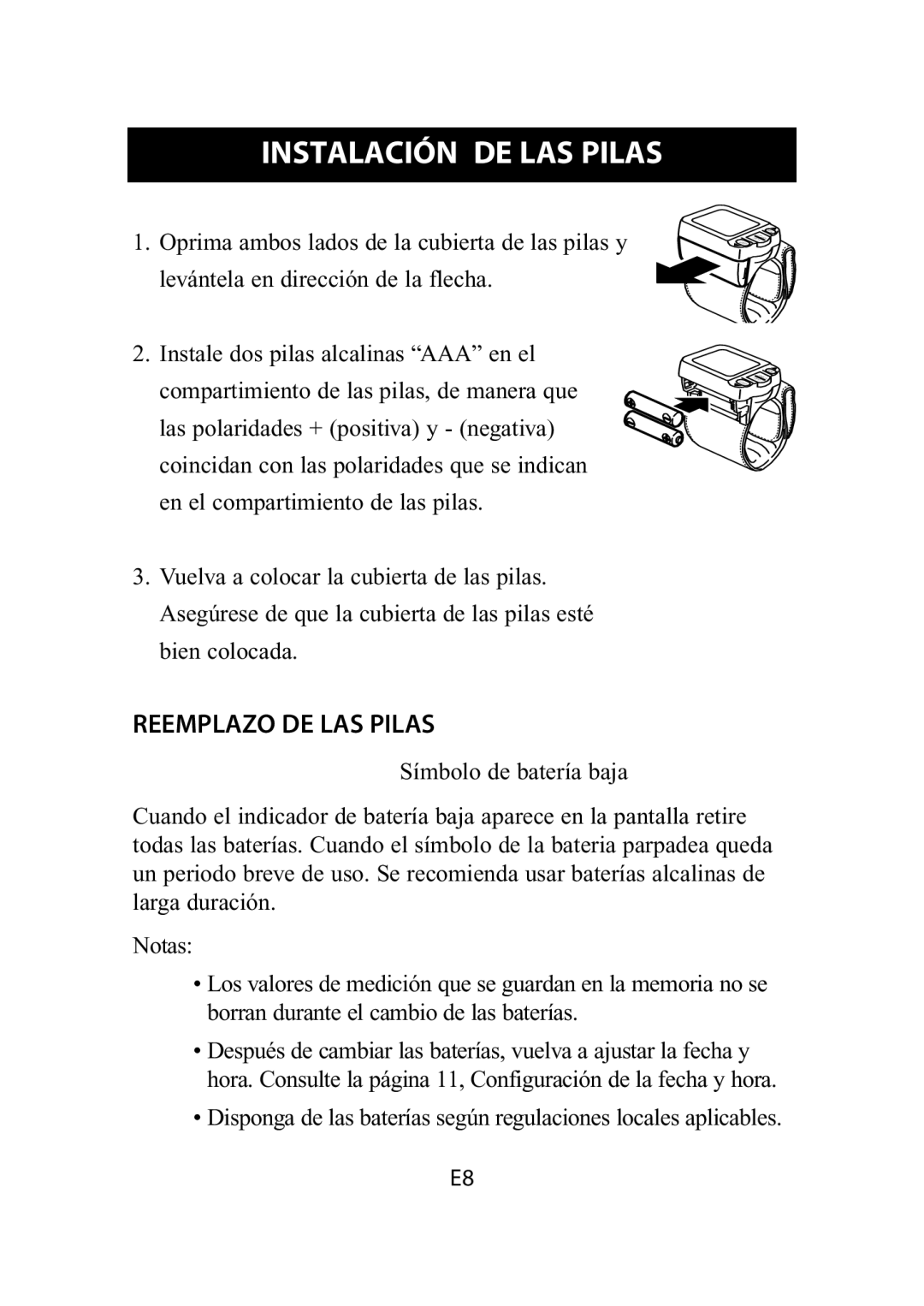 Omron Healthcare HEM-650 instruction manual Instalación DE LAS Pilas, Reemplazo DE LAS Pilas 