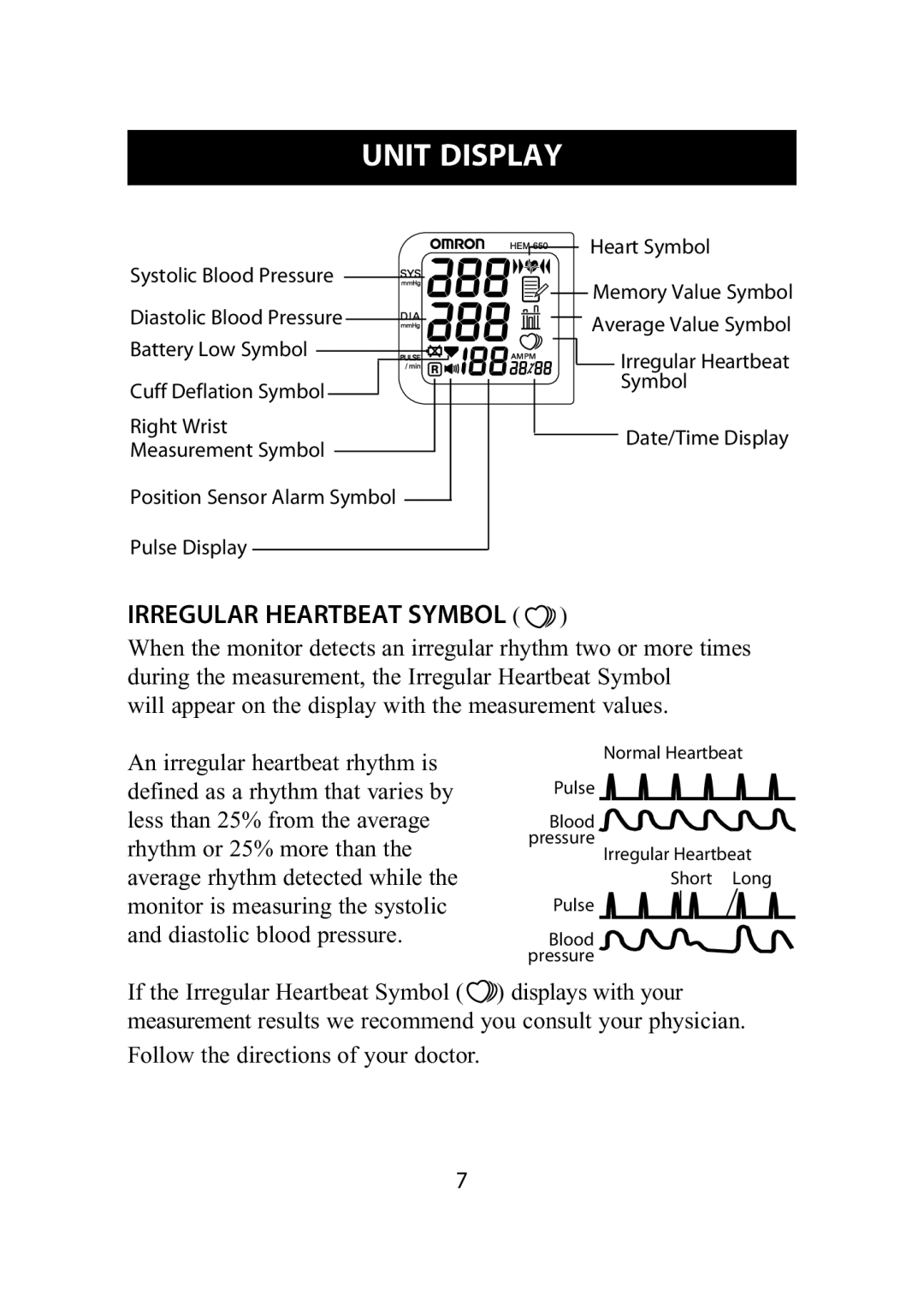 Omron Healthcare HEM-650 instruction manual Unit Display, Irregular Heartbeat Symbol 