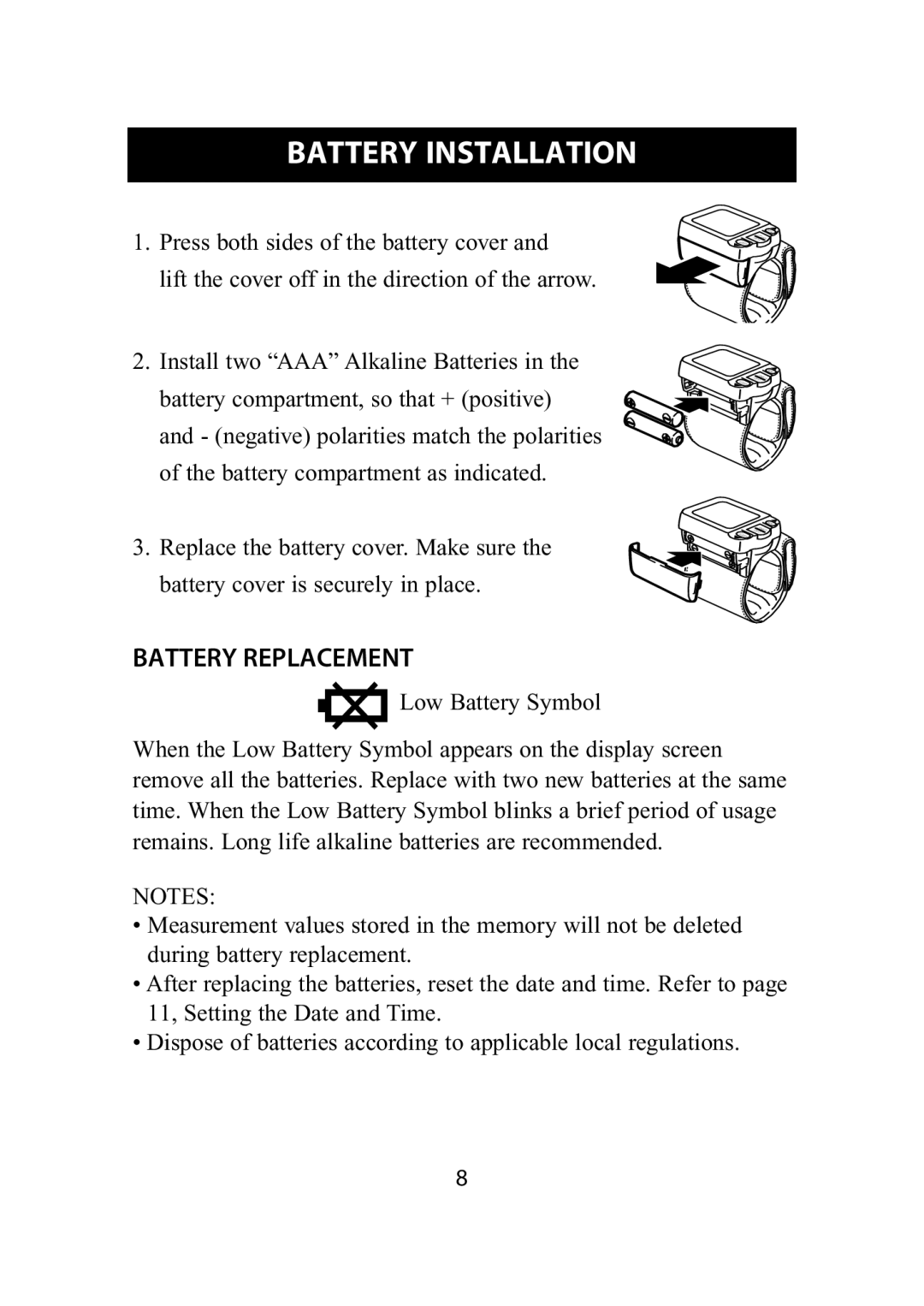 Omron Healthcare HEM-650 instruction manual Battery Installation, Battery Replacement 