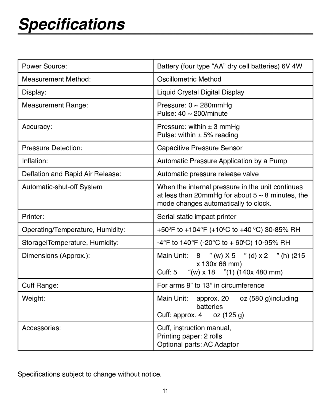 Omron Healthcare HEM-703CP instruction manual Specifications 