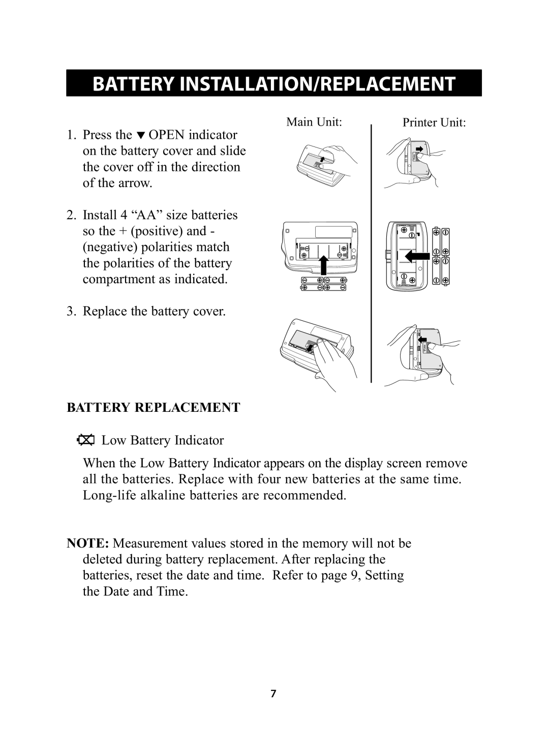 Omron Healthcare HEM-705CP instruction manual Battery INSTALLATITLEION/REPLACEMENT, Battery Replacement 