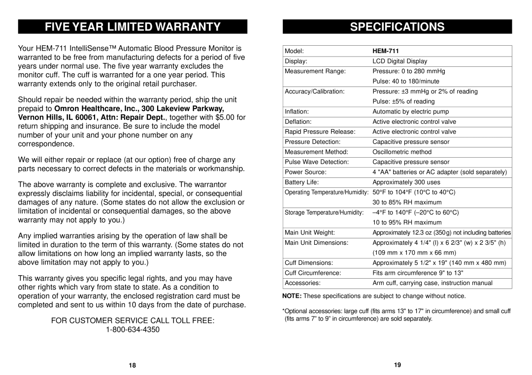 Omron Healthcare HEM-711 instruction manual Five Year Limited Warranty, Specifications 