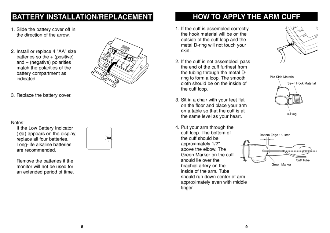 Omron Healthcare HEM-711 instruction manual Battery INSTALLATION/REPLACEMENT HOW to Apply the ARM Cuff 