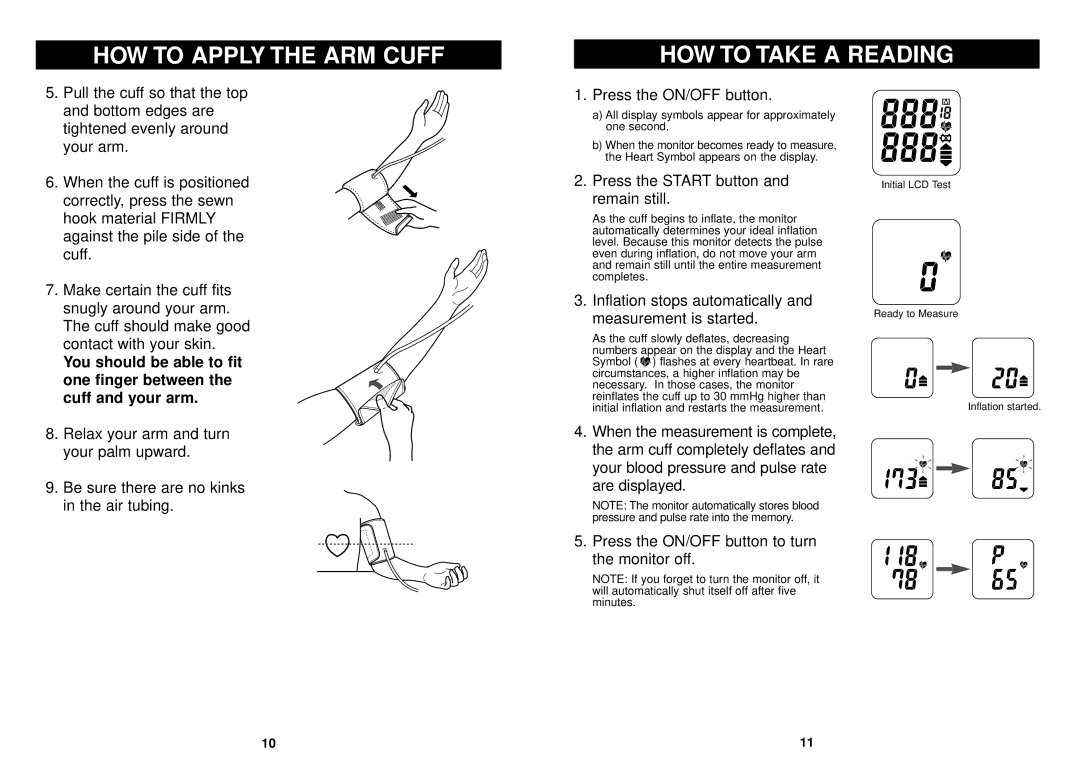 Omron Healthcare HEM-711 HOW to Apply the ARM Cuff HOW to Take a Reading, Press the Start button and remain still 