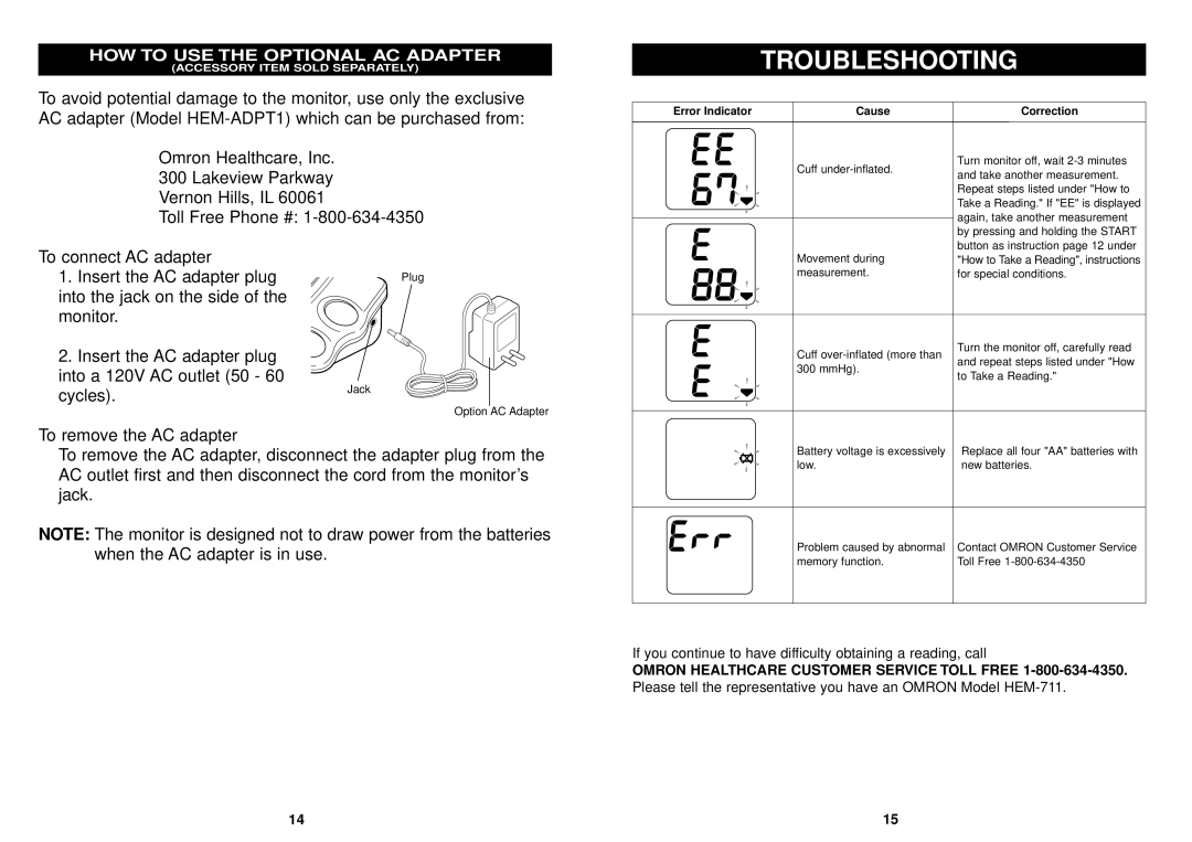 Omron Healthcare HEM-711 instruction manual Troubleshooting, Error Indicator Cause Correction 