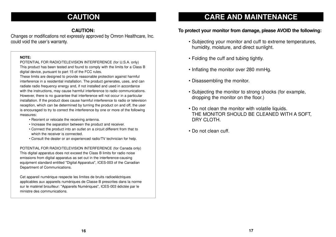 Omron Healthcare HEM-711 instruction manual Care and Maintenance 