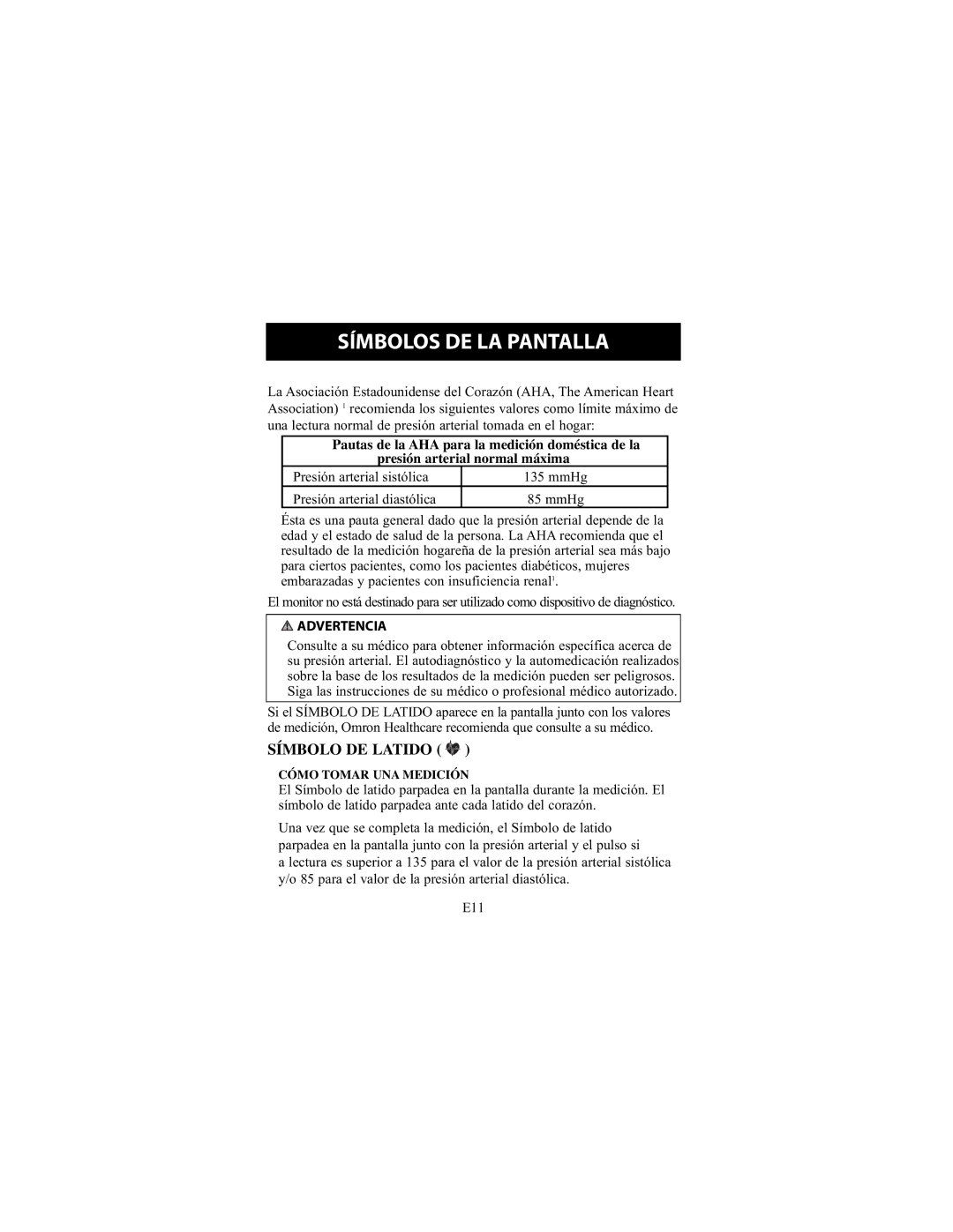 Omron Healthcare HEM-711DLX instruction manual Símbolo DE Latido, Advertencia 