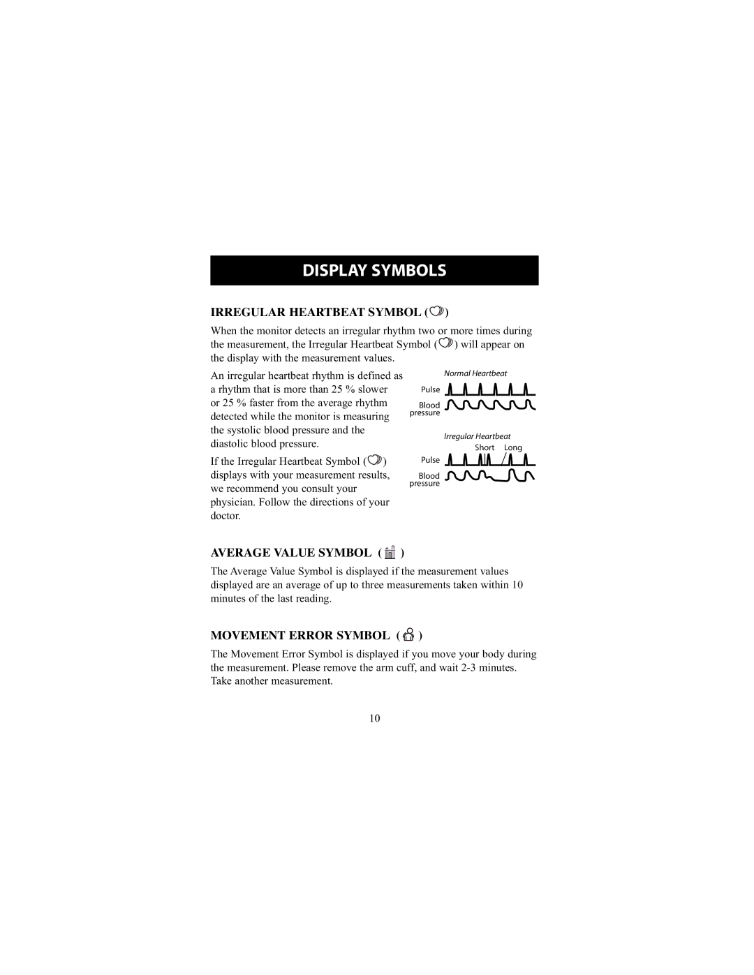 Omron Healthcare HEM-711DLX Display Symbols, Irregular Heartbeat Symbol, Average Value Symbol, Movement Error Symbol 