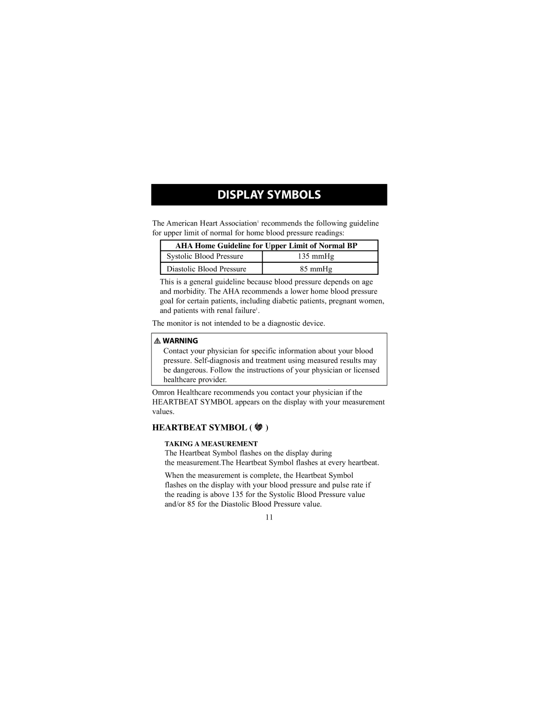 Omron Healthcare HEM-711DLX instruction manual Heartbeat Symbol, AHA Home Guideline for Upper Limit of Normal BP 