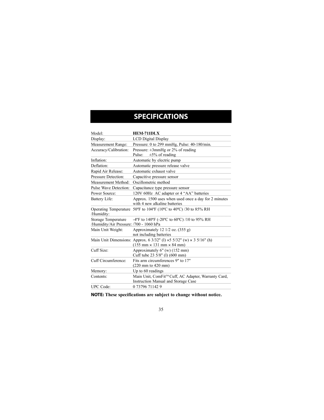 Omron Healthcare HEM-711DLX instruction manual Specifications 