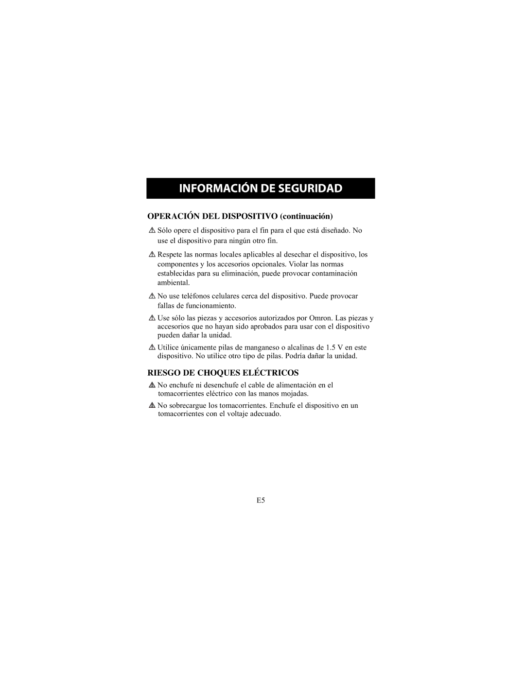 Omron Healthcare HEM-711DLX instruction manual Operación DEL Dispositivo continuación, Riesgo DE Choques Eléctricos 