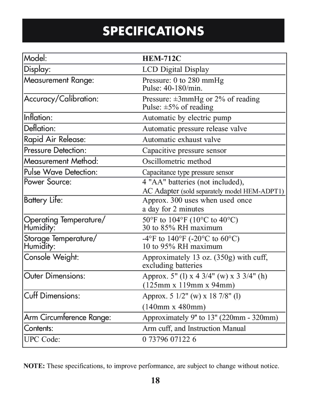 Omron Healthcare HEM-712C manual Specifications 